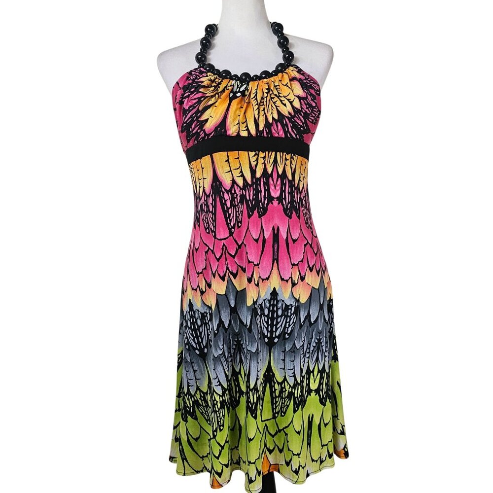 Y2K Babydoll Beaded Halter Sundress‎ S  Pink Multi Stretch Butterfly Wings Fairy